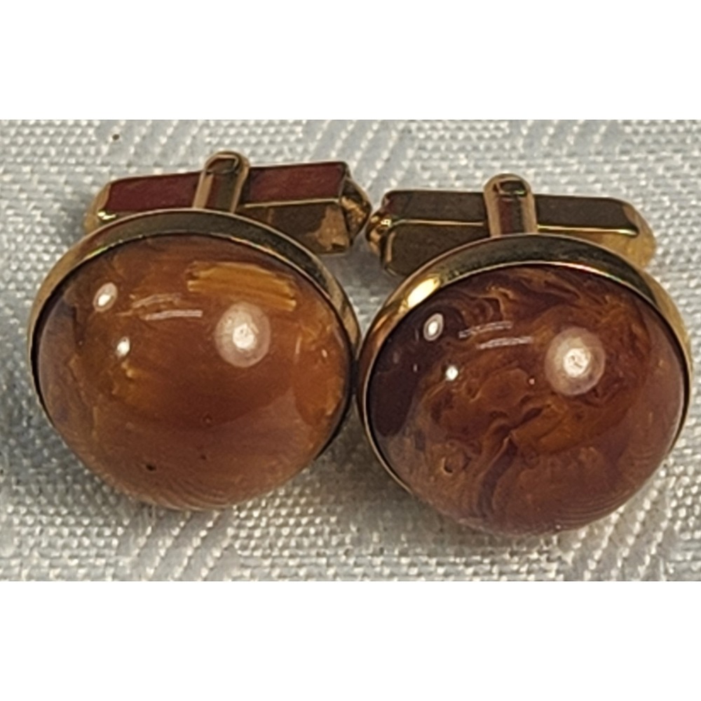 Vintage Swank Brown Round Button Dome Cabochon Cufflinks